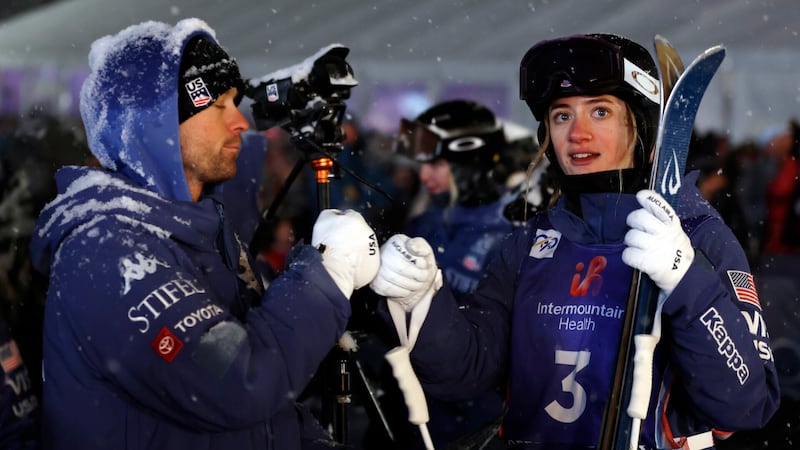 PARK CITY, UTAH - FEBRUARY 03: Olivia Giaccio of Team United States talks with her coach after...