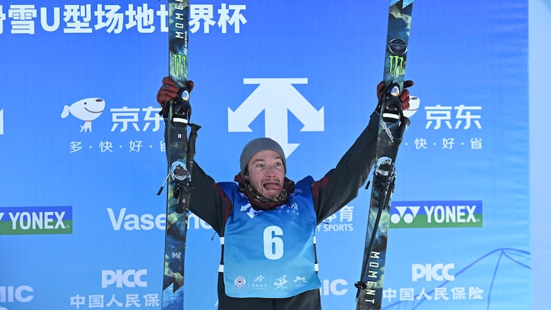 USA's David Wise celebrates after finishing third in the freestyle skiing men's freeski...