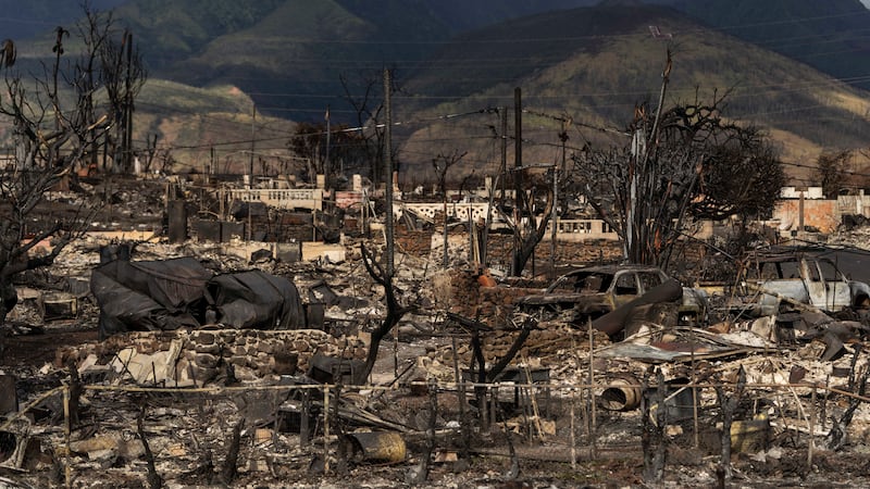 FILE - A general view shows the aftermath of the wildfire in Lahaina, Hawaii, Aug. 21, 2023.