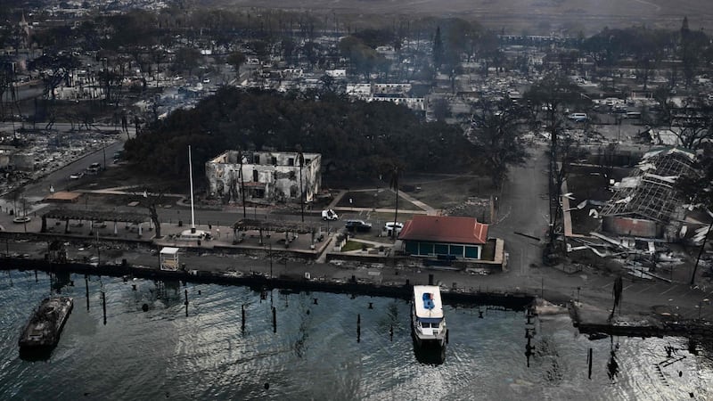 Aerial view showing what's left of Lahaina, Maui, Hawaii after a wildfire tore through the town.