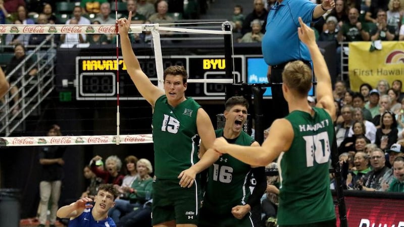 Patrick Gasman along with Filip Humler, celebrate following match point in UH's reverse sweep...