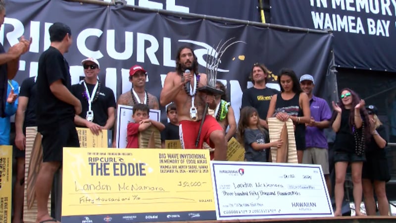 Landon McNamara won the 2024 Rip Curl Eddie Aikau Big Wave Invitational on Dec. 22, 2024.