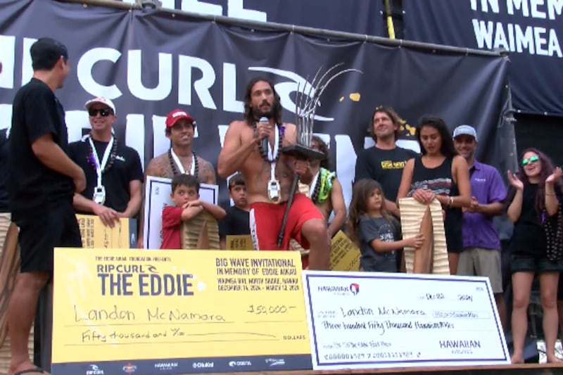 Landon McNamara won the 2024 Rip Curl Eddie Aikau Big Wave Invitational on Dec. 22, 2024.