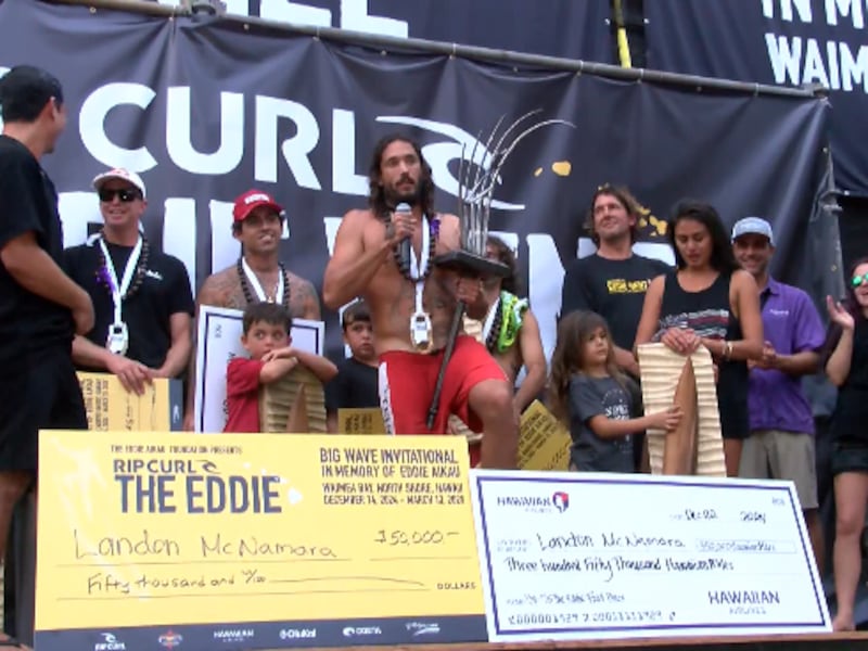 Landon McNamara won the 2024 Rip Curl Eddie Aikau Big Wave Invitational on Dec. 22, 2024.