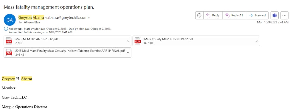On Oct. 9, 2023, Abarra sent an email and attachments with the subject line: Mass fatality...