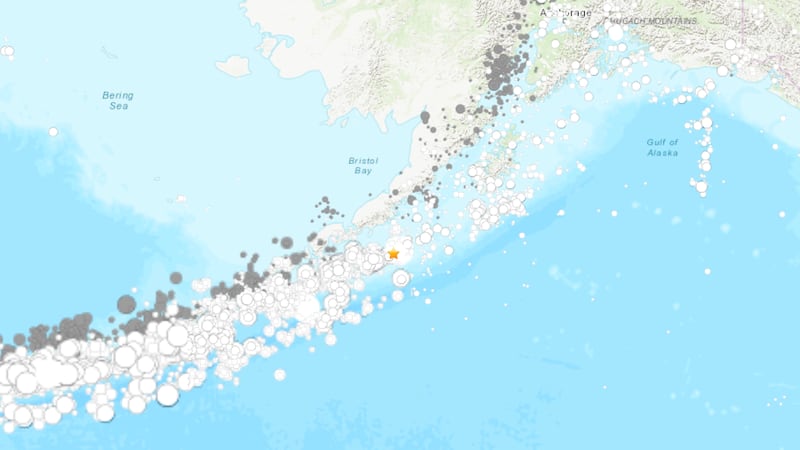 The star marks the area of the earthquake off Alaska.