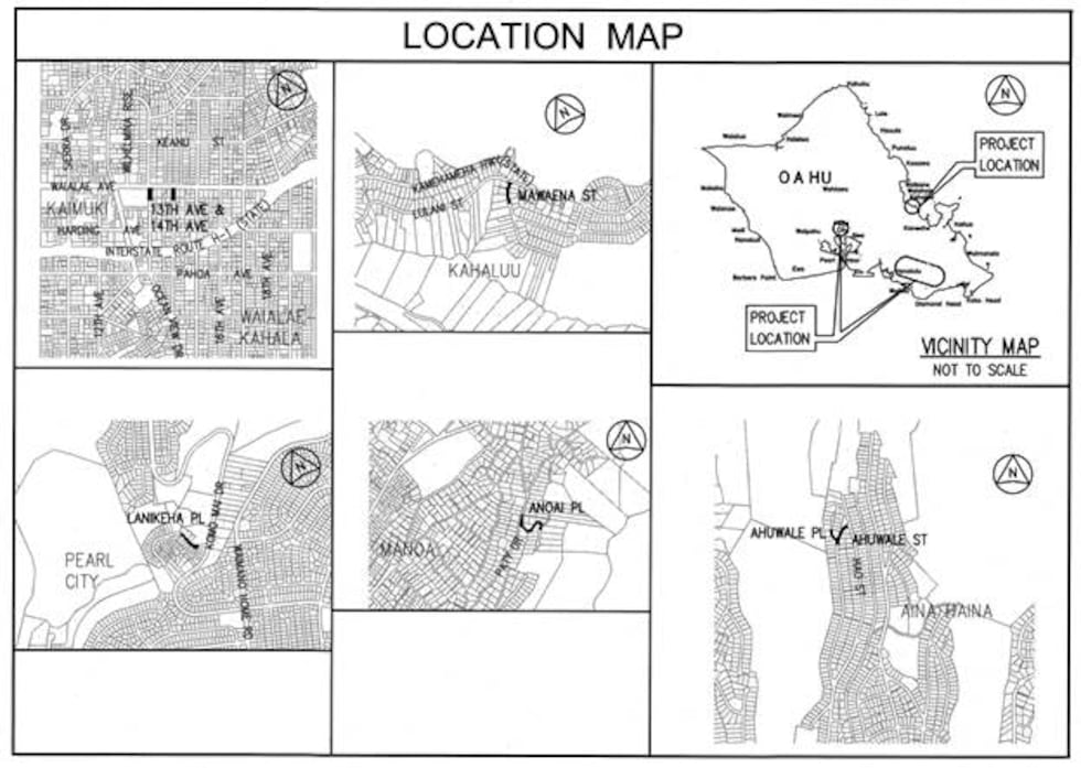 Map showing the locations where work will occur in Pearl City, Waialae, Manoa, Aina Haina, and...